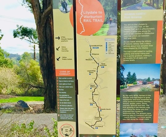 The Lilydale to Warburton Rail Trail sign and route map at Wandin North
